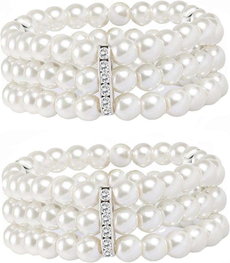 MONAZEO 2-8Pcs 1920s Flapper Imitation Pearl Bracelet 3-Rows Stretch Bracelet Multi-Layered Elastic Bangle Bridal Wedding Jewelry Roaring 20s Accessories Jewelry - Image 1